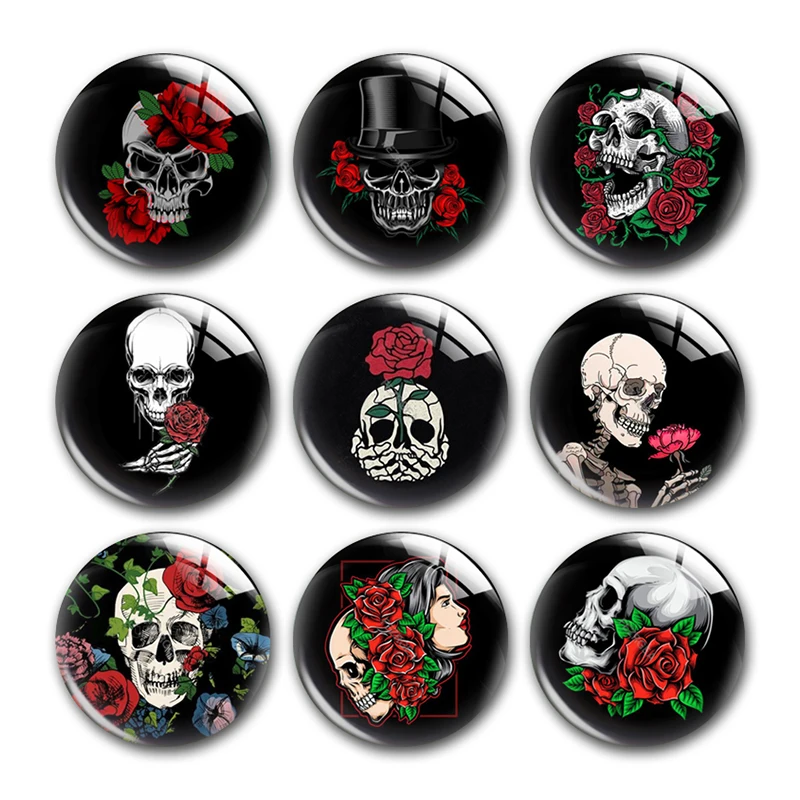 Valentine's Day Skull Rose Head Round Photo Glass Cabochon Demo Flat Back For DIY Jewelry Making Finding Supplies Snap Button