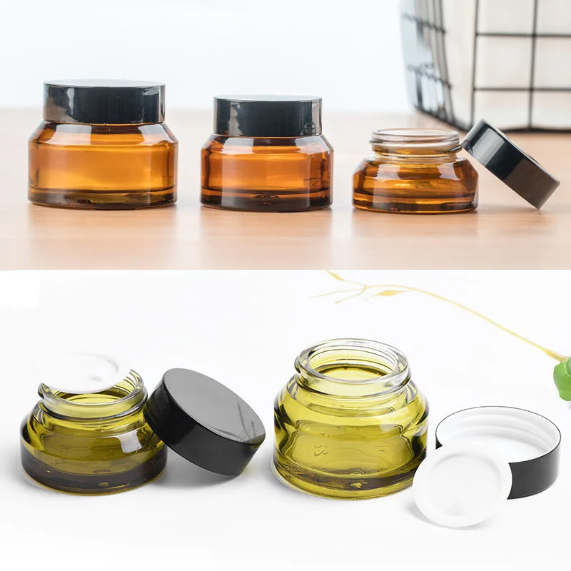 

20pcs 15g 30g 50g Glass Amber Facial Cream Jar Empty Face Cream Lotion Cosmetic Container Refillable Bottles Travel Sample Pots