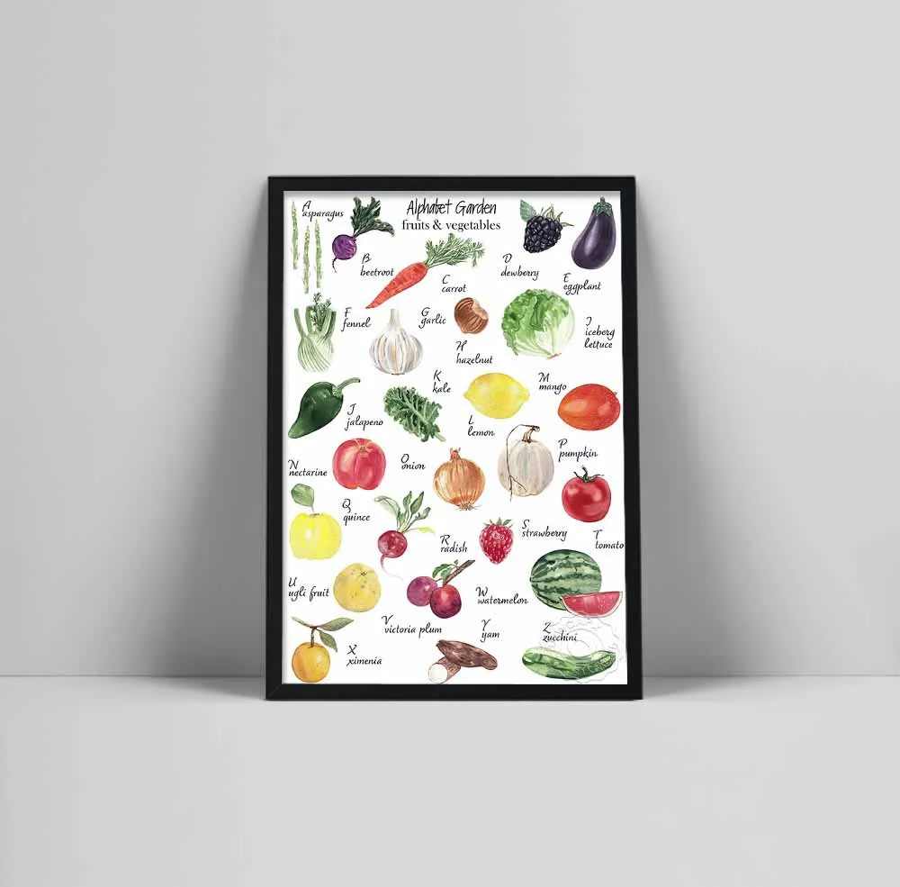 Watercolor Vegetables Food Prints Canvas Painting alphabet with Fruits ABC Digital Posters Kitchen Kids Room Wall Decor Nursery