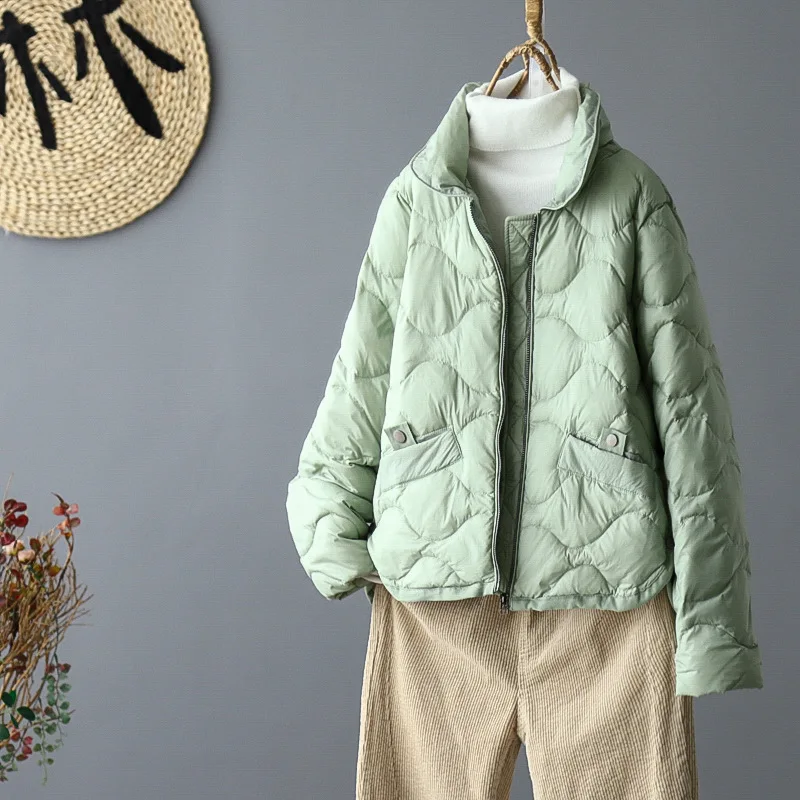 Schinteon เสื้อแจ็คเก็ตขนเป็ดสีขาวสำหรับผู้หญิง, เสื้อโค้ทตัวสั้นทรงหลวมใส่สบายสำหรับใส่ในฤดูใบไม้ร่วงฤดูหนาวคอตั้งสไตล์เกาหลี