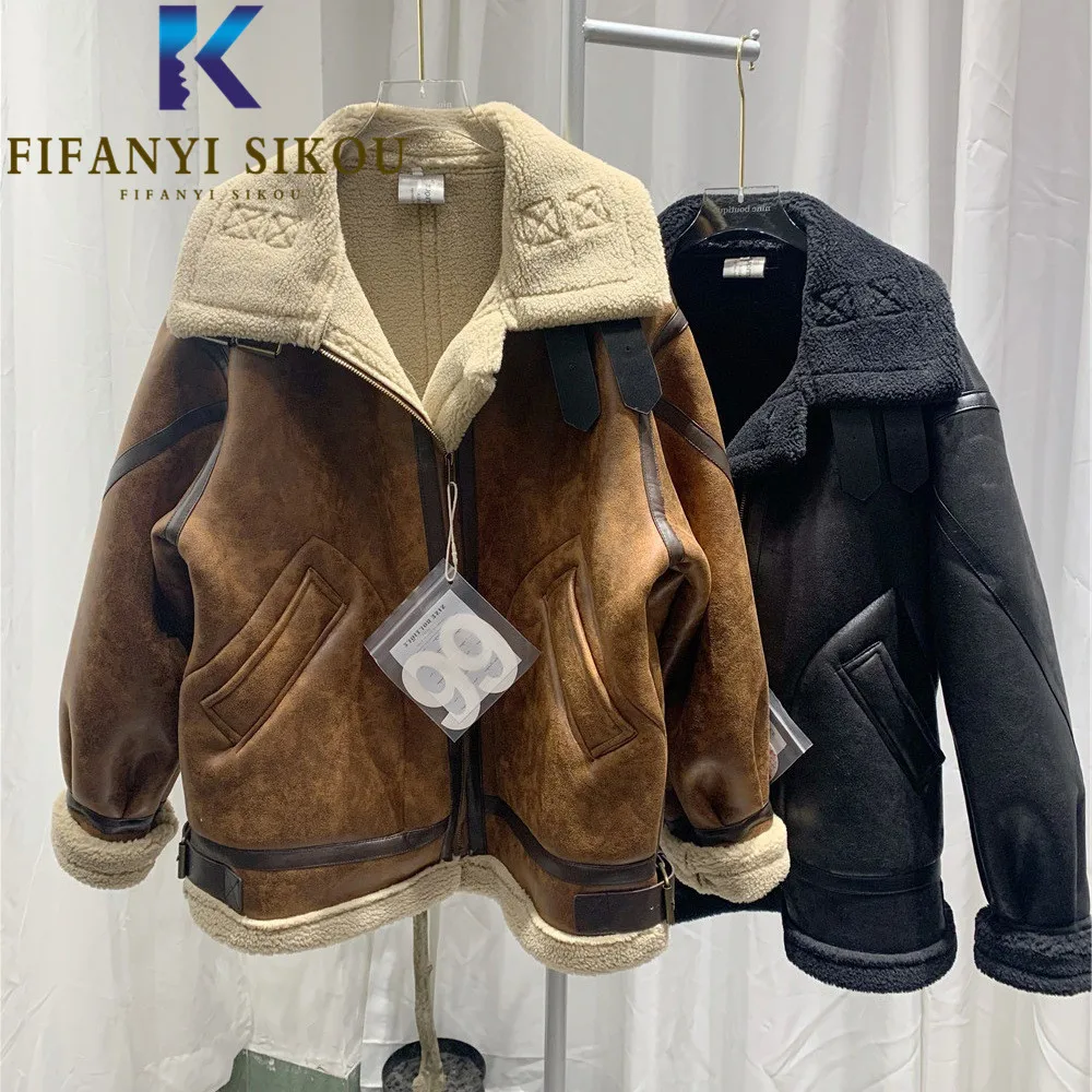 High Quality Suede Jacket Women 2021 Winter Coat Zipper Lapel Fashion Motorcycle Coat Thick Warm Lambswool Loose Leather Jacket