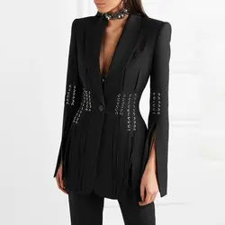 HIGH QUALITY Newest 2024 Designer Coat Women's Single Button Lacing Up Rope Split Blazer Jacket