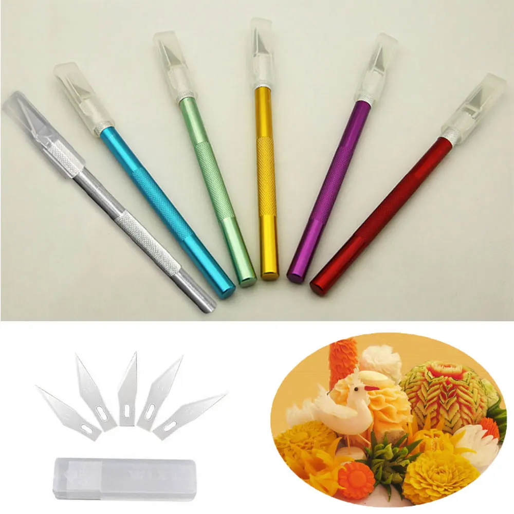 Fruit Sculpture Carving Engraving Cutter with 6pcs Blade Non-slip Knife Metal Scalpel Pastry Tools