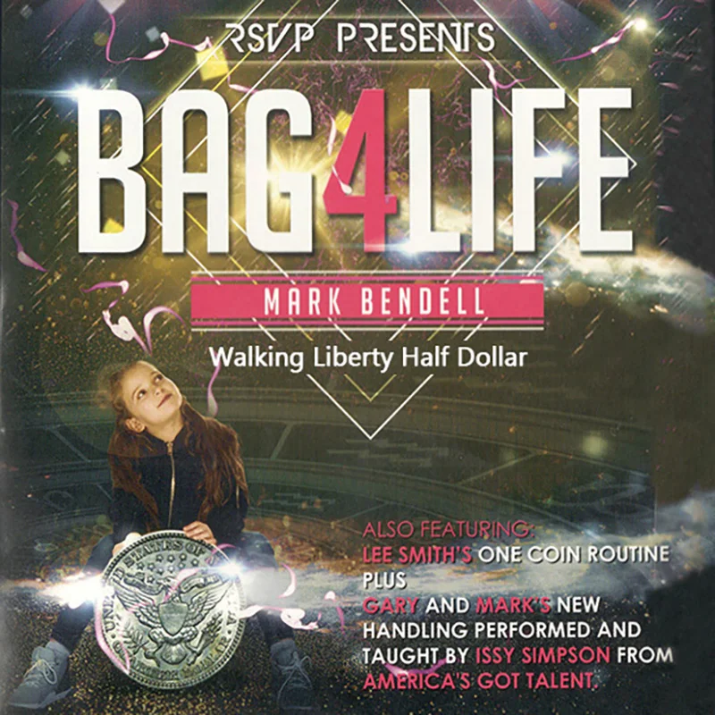 Bag4Life (1 Walking Liberty Half Dollar +DVD) Magic Tricks Close Up Street Illusions Gimmick Coin Thru Clear Plastic Bag Magica