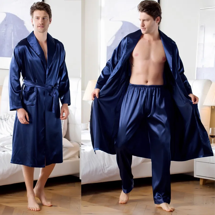 Casual Sleepwear Loose Big Size 3XL Men Robe Satin Kimono Bath Gown Sexy Nightwear Long Sleeve Lapel Wedding Intimate Lingerie