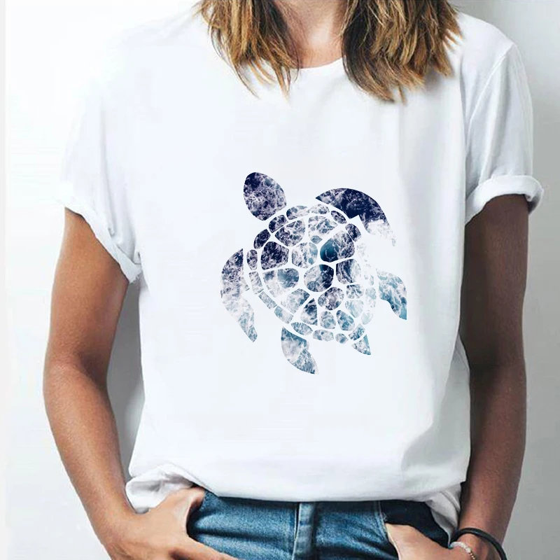 Summer New Ocean Sea Turtle print Harajuku ladies T-shirt ladie casual basis O-collar white shirt short sleeve T-shirt,Drop Ship