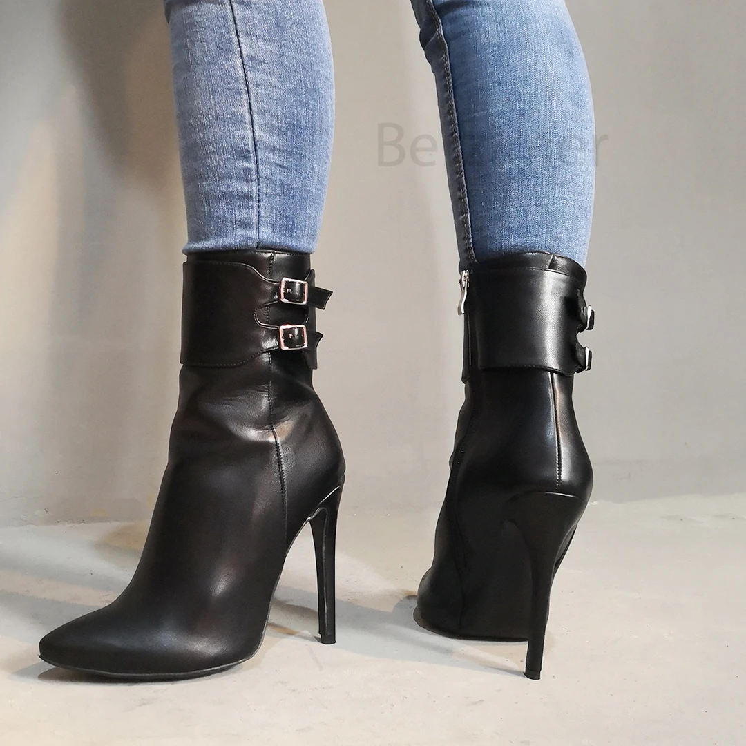 BERZIMER FASHION Ankle Boots for Women Side Zip Stiletto Heels Booties Zapatos Mujer Ladies Shoes Woman Large Size 45 47
