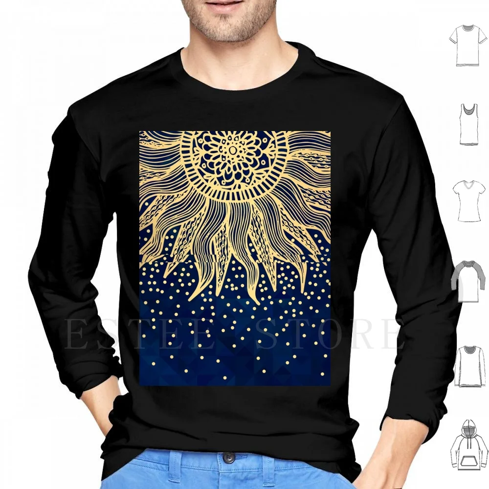 Blue Gold Boho Sun Mandala Confetti Hoodie Long Sleeve Gold Mandala Blue And Gold Blue Gold Sun Golden Dark Blue Boho