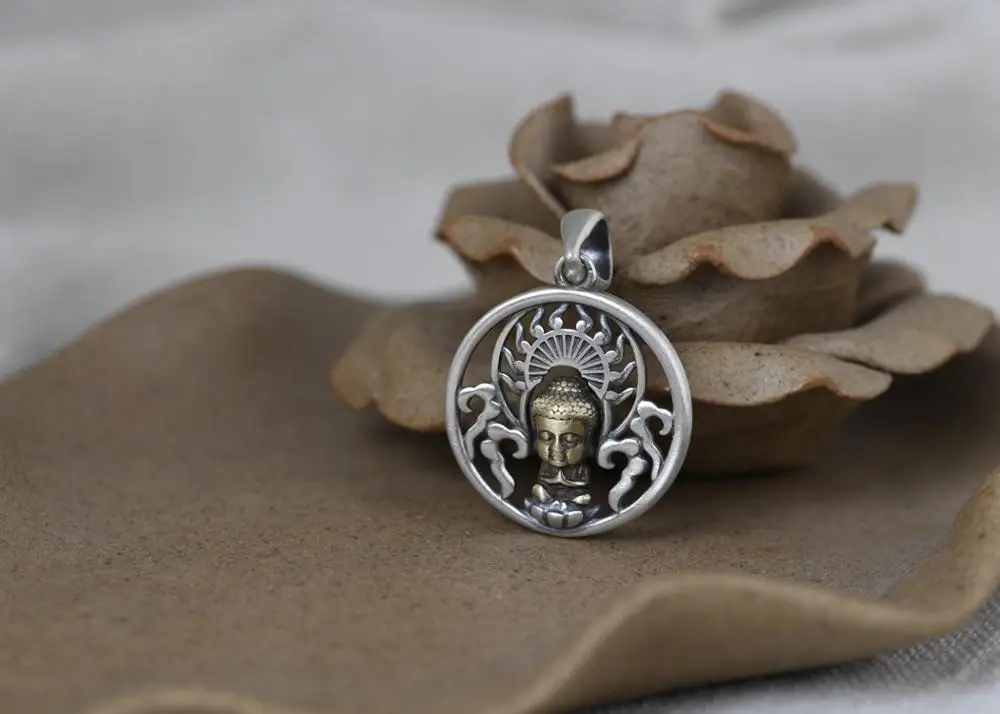 100% 925 Silver Tibetan Pendant 925 Sterling Buddhist Buddha Statue Pendant Tibetan Good Luck Pendant