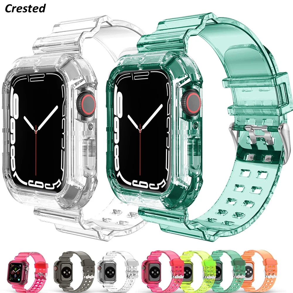 Case+Strap for Apple Watch Band 44mm 40mm 45mm 41mm 42mm 38mm Accessories Transparent Silicone Bracelet iWatch series 8 3 6 se 7