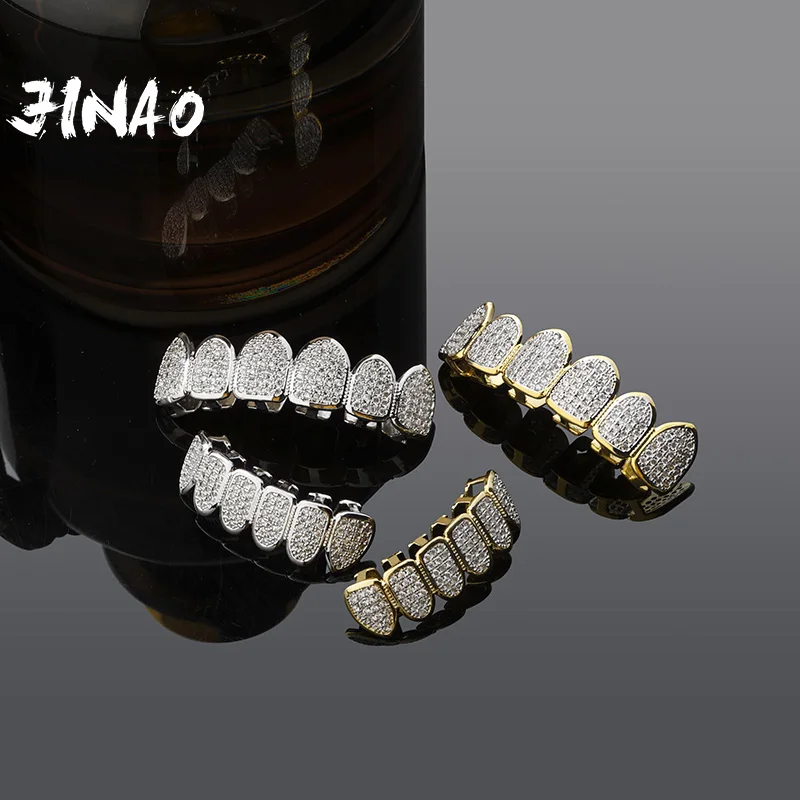 JINAO Gold Silver-Plated Hip Hop Teeth Grill All Iced Out CZ Stone Micro Paved Men n Women's Top&Bottom Grills Set Ship From US