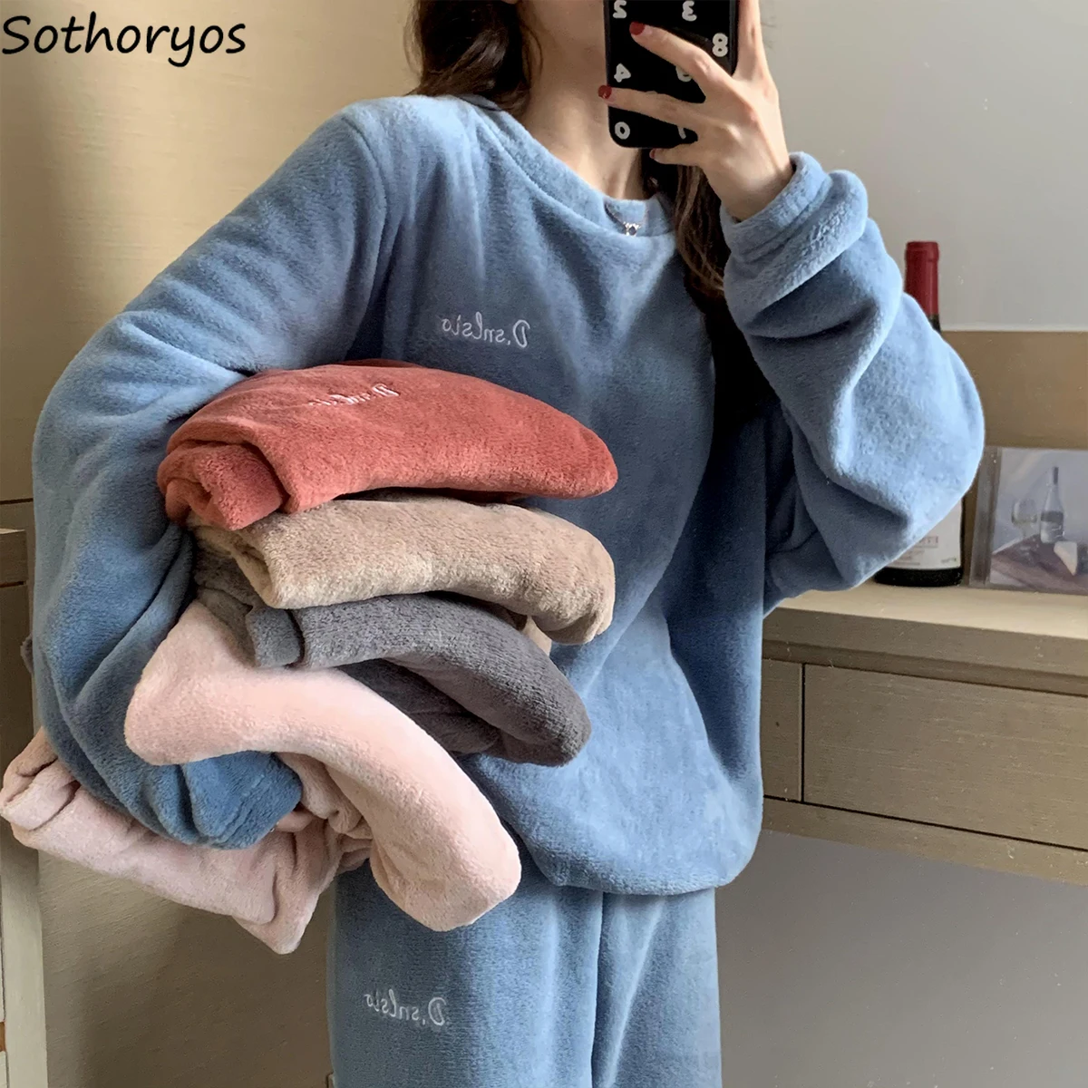 Winter Coral Velvet Fuzzy Pajama Sets Women Warm Thick O-neck Tender Loose Comfortable Ins Fashion Nightwear Fall Leisure Couple