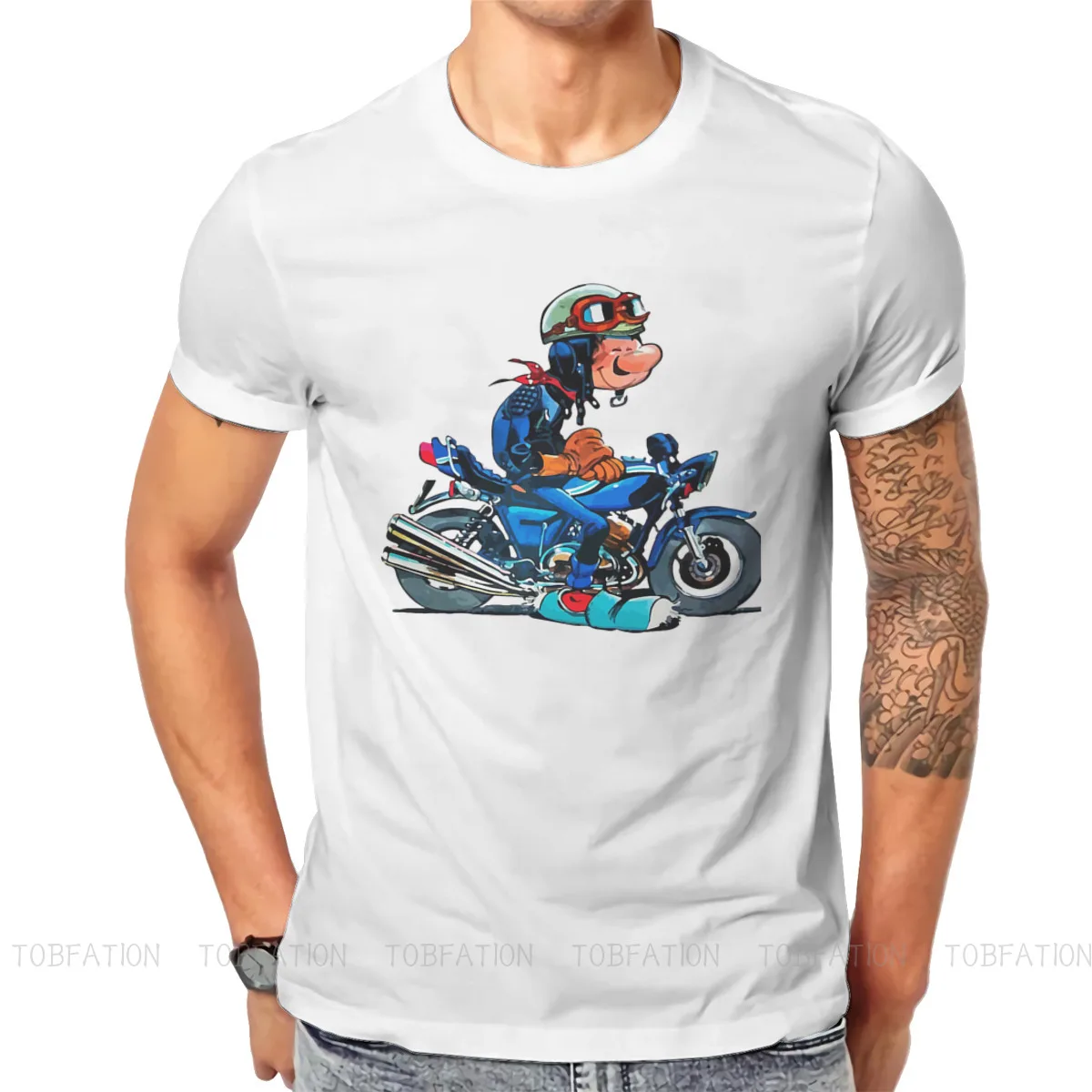 On Motercycle Fashion TShirts Gaston Lagaffe Comics Men Graphic Pure Cotton Streetwear T Shirt Round Neck Oversized