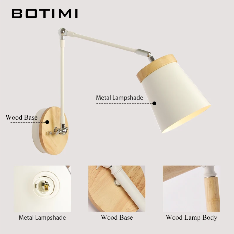 2024 Nordic LED Wall Lamp Wooden Wall Sconce Adjustable Luminaira Metal Lampshade Bedside Light White Reading Lighting Fixture