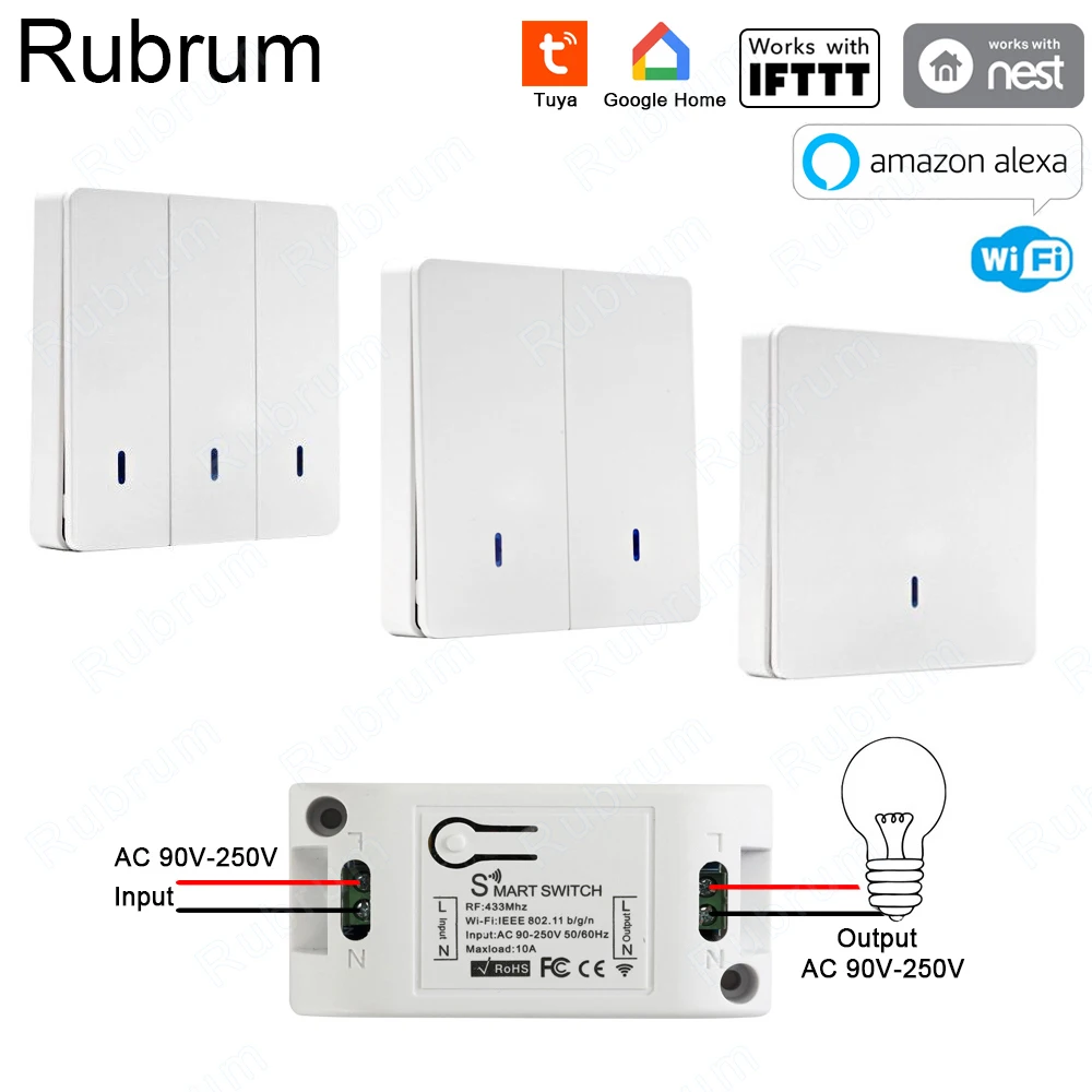 Rubrum Tuya Smart Home APP WiFi Light Switch RF 433 Remote Control Wall Panel Relay Receiver 110V 220V Work with Alexa Google
