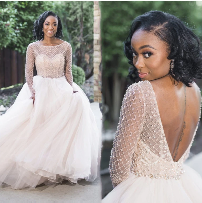 Splendido abito da sposa africano senza schienale una linea maniche lunghe perle perline abiti da cerimonia da sposa gonfi abito da sposa Country da giardino