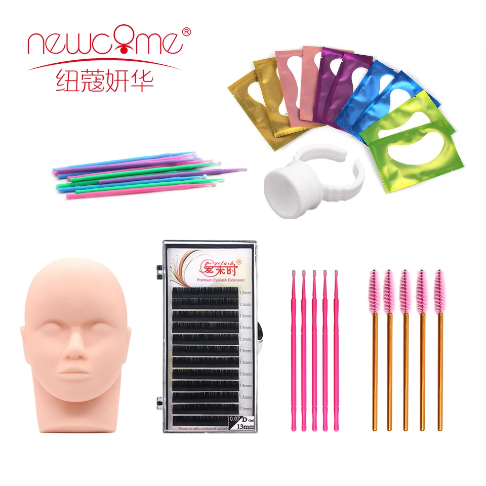 NEWCOME Professional False Eyelashes Extension Practice Exercise Kit Makeup Mannequin Head Set Eye Lashes Graft Makeup Tools