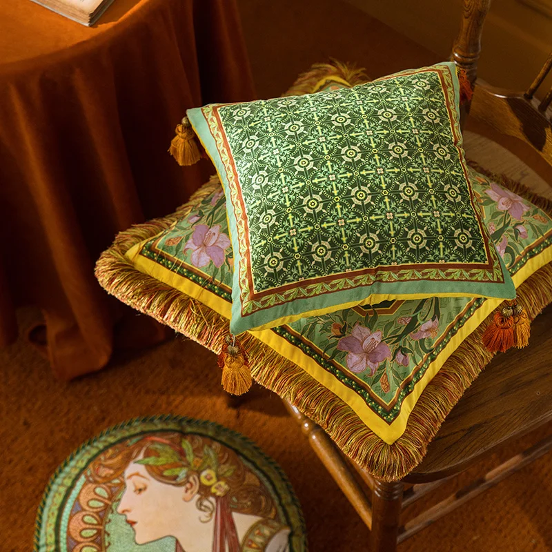 Square Decorative Cushion Covers for Sofa Couch, Throw Pillow Cases, Dark Green Art, Alphonse Maria Mucha, 18x18 Inches