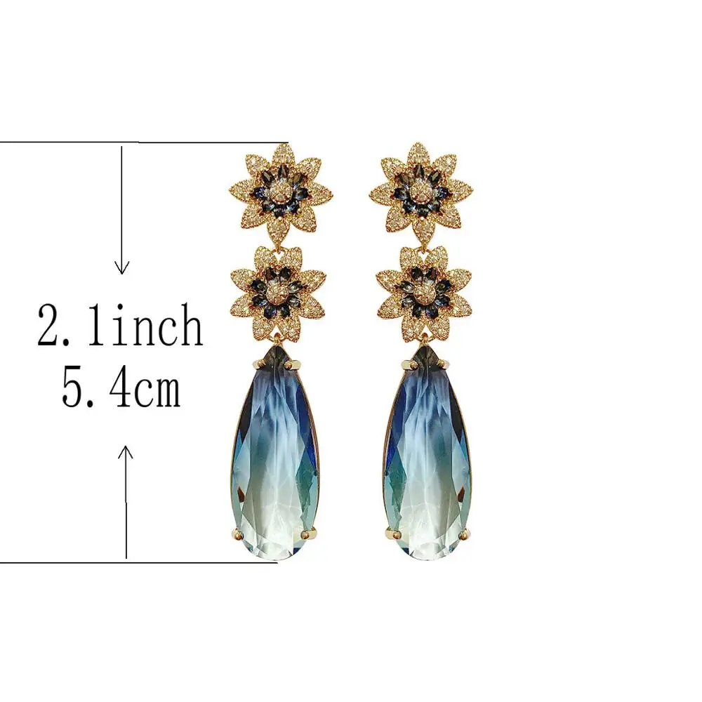 Bilincolor Fashion Flower Blue Cubic Zircon Long Big Drop Earring for Women Wedding Bridal Jewelry Gift