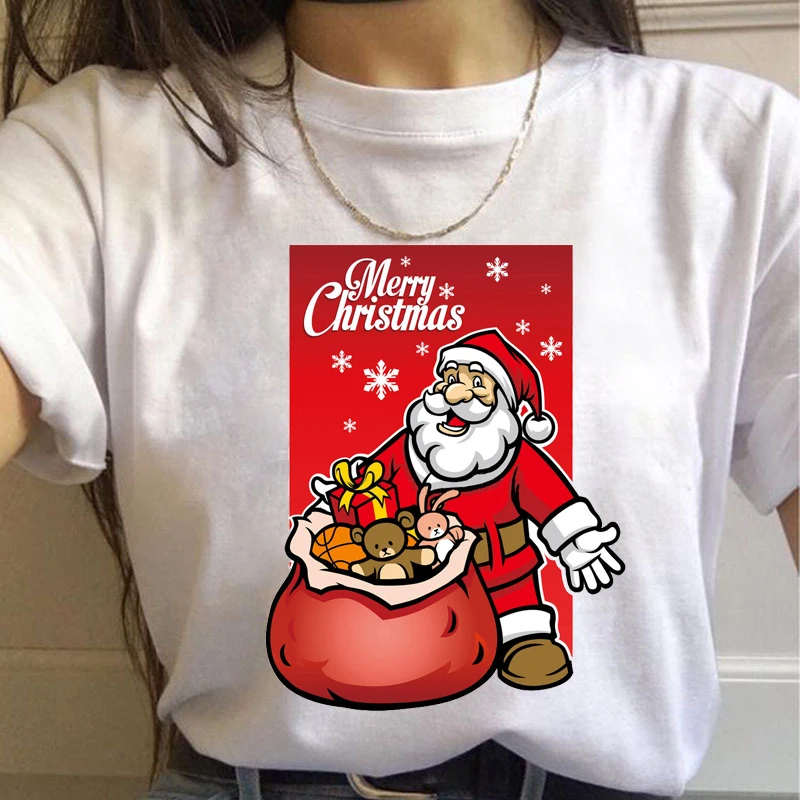 女性用半袖ラウンドネックTシャツ,ユーモラスな漫画「Laanta claus」の白いTシャツ,特大の服