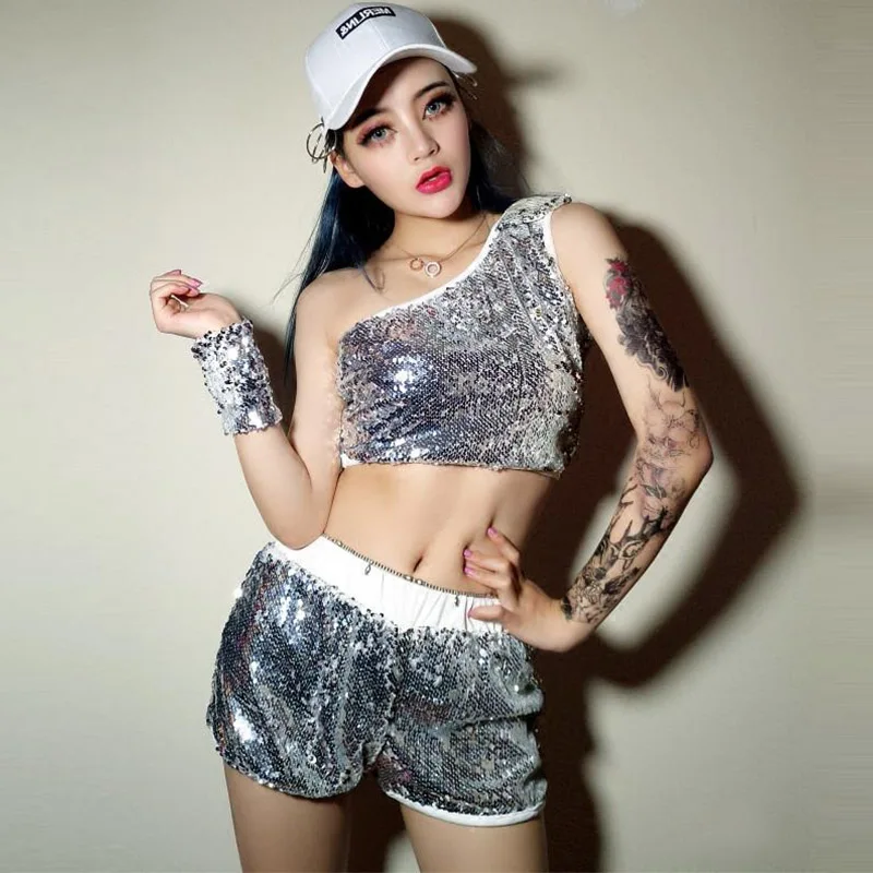 Korean Outfit Jazz Dance Costume Female Sequins Set Nightclub DJ Female Singer Hip-Hop Street Dance Performance Wear DWY3009