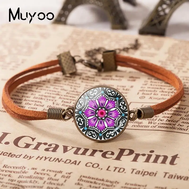 2019 New Polish Folk Art Patterns Leather Bracelet Flowers Painting Bracelets Glass Dome Cabochon Jewelry