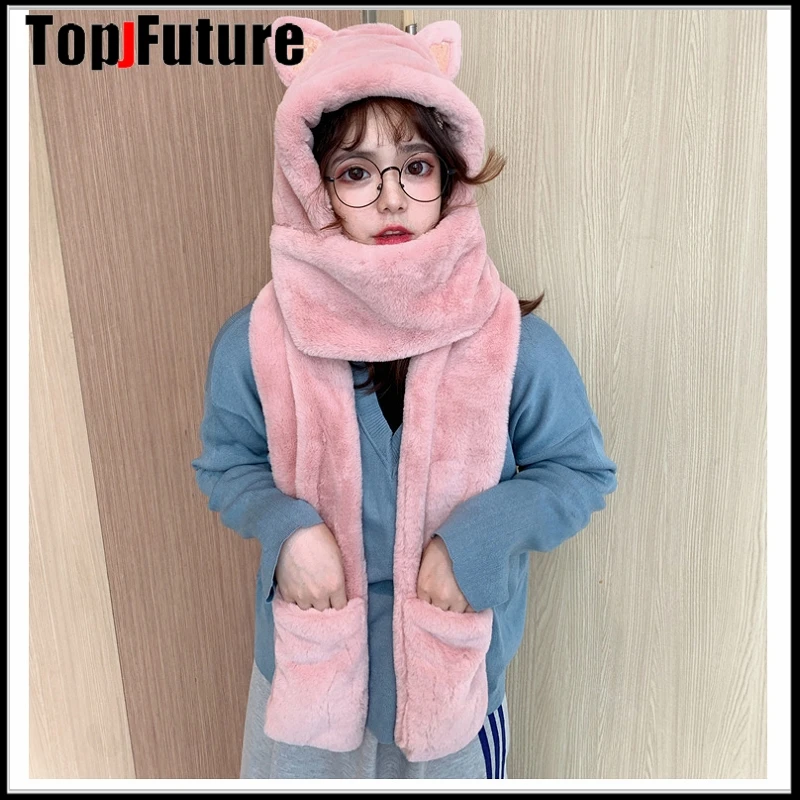 Harajuku Korean Japanese cute girl gloves cat bear ear scarf  hat gloves  one-piece cap winter warm plush shield  birthday gift