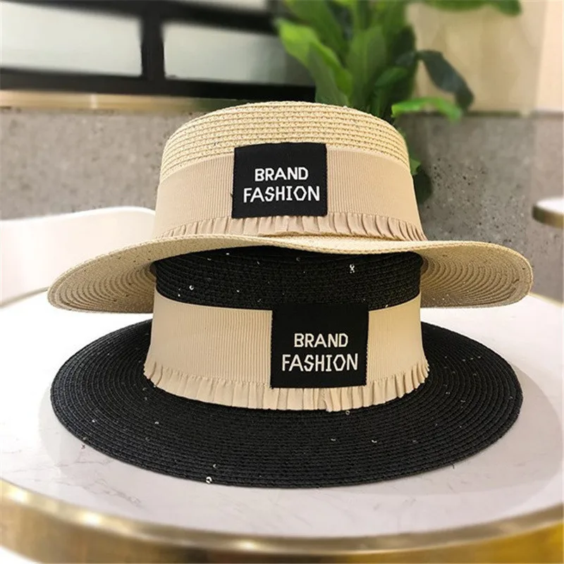 

Hot Retro Vintage Women's straw hat Summer Flat Wide brim Ribbon Letter Sun hat Holiday travel beach Visor Caps Bolwer hats