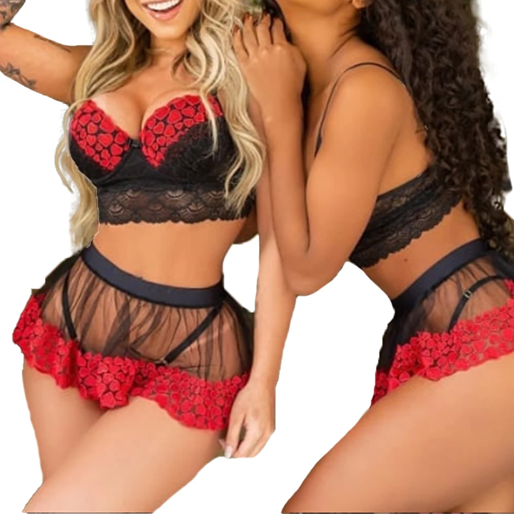 Woman Fashion Erotic Costume 3Pcs Sets Fashion Women Sexy Sleeveless Lace Mesh Peach Heart Print Bra Top Mini Skirt Suits