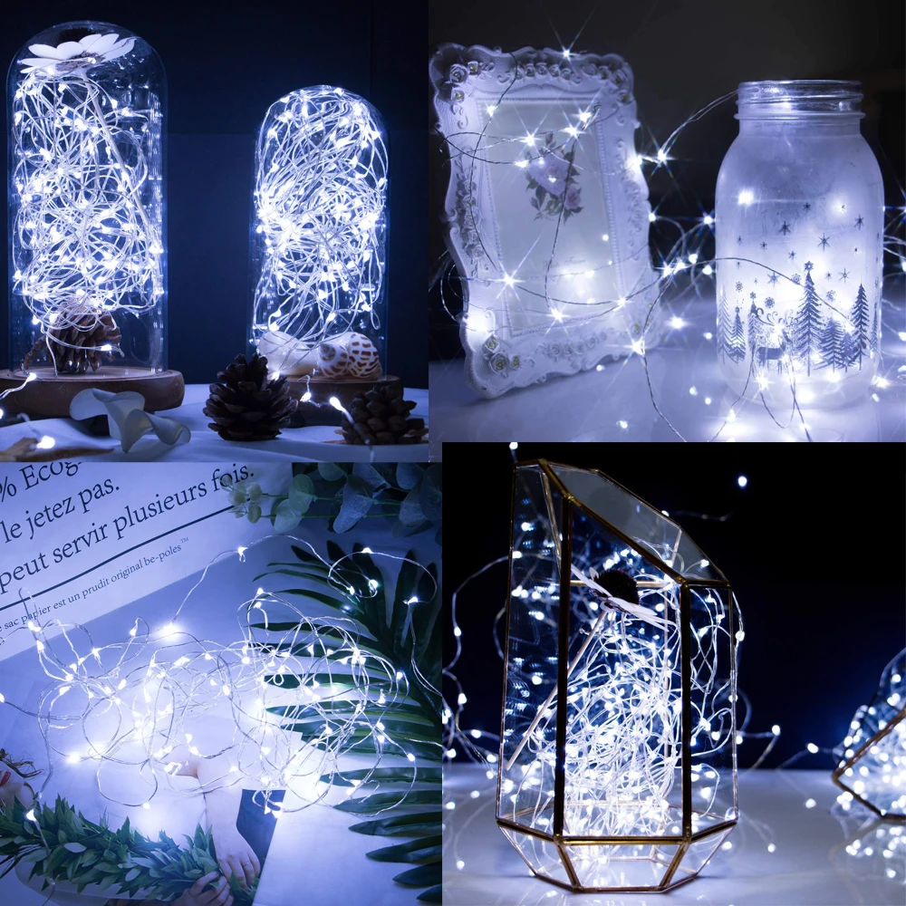 Guirlande lumineuse à piles USB 2m 5m 10m, fil argenté, lampes décoratives féeriques pour chambre d'enfants, chambre à coucher, mariage, fête