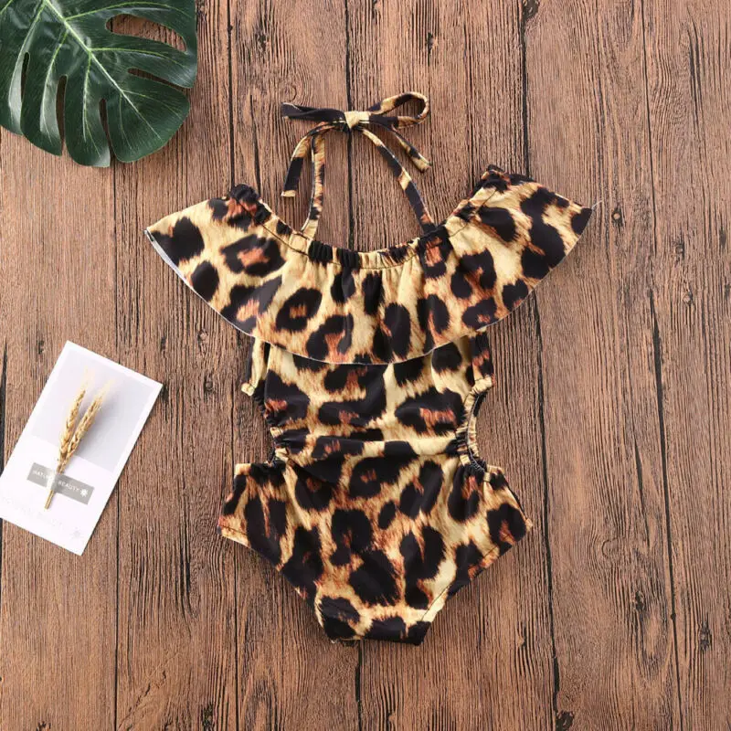 Kids Baby 2020 Summer Swimsuit Toddler Girl Leopard Ruffle  One Piece Swimwear Swimsuit Bathing Suit Beachwear