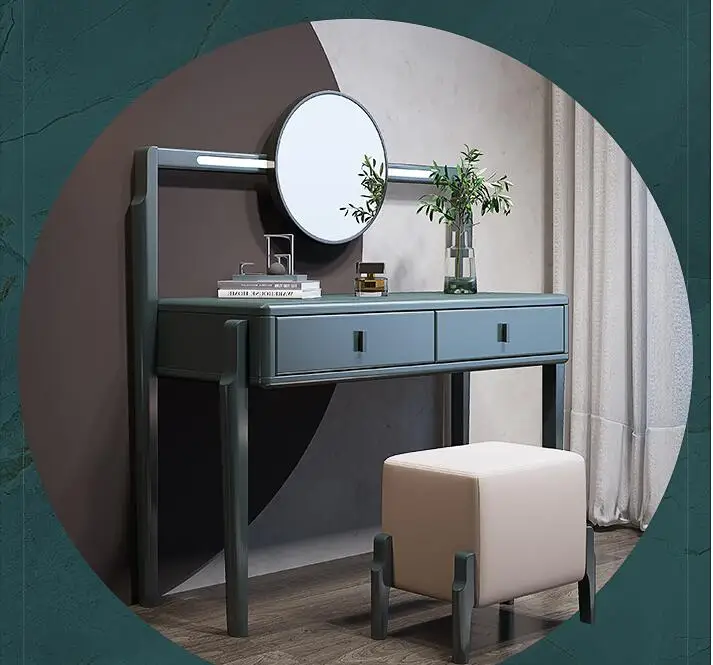 Solid wood dressing table simple household bedroom adult dressing table Nordic dark green log table and chair combination