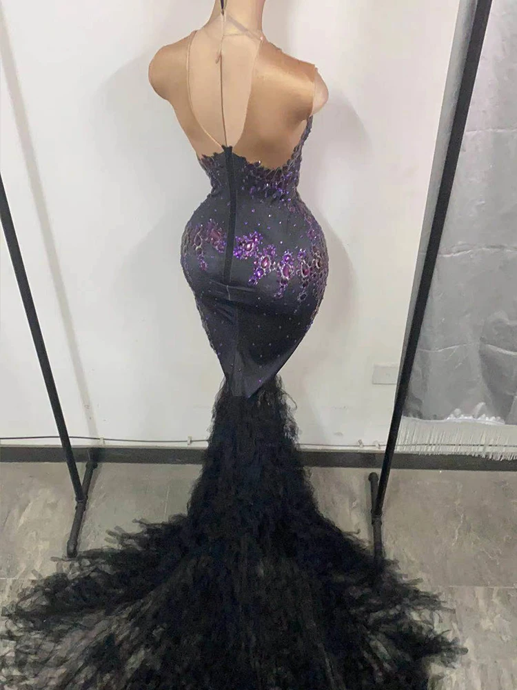 elegante Purple Crystal Sexy Long Mermaid Dress Women Wedding Party Celebration High Slit patchwork Trailing Dress Stage Costume