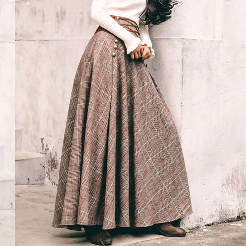 French Chic Vintage High Waisted Button Design Back Lace-Up Corset Skirt Women Autumn Winter Thick A-Line Long Maxi Wool Skirts