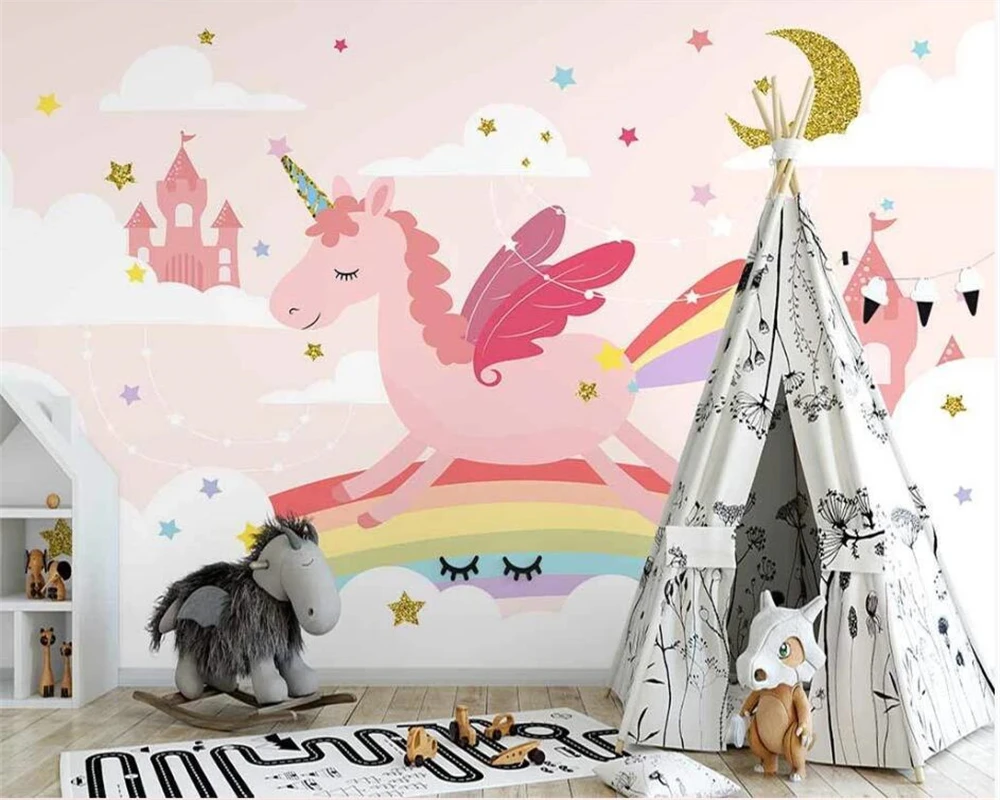 beibehang Custom Nordic hand painted pink unicorn rainbow starry children's room background papel de parede 3d wallpaper