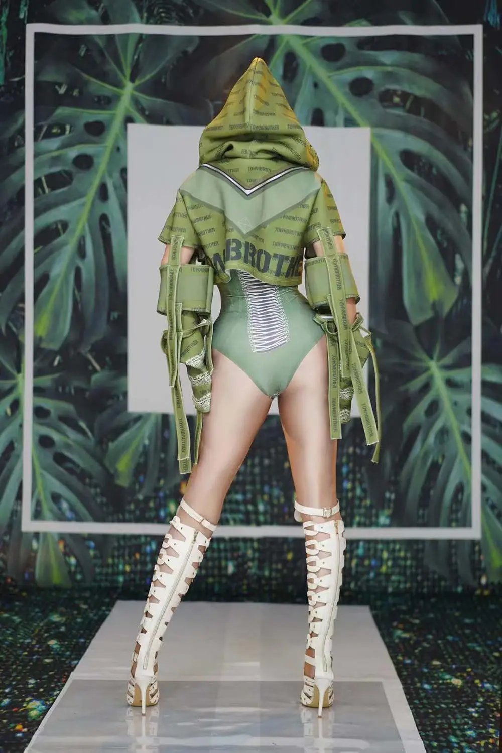 Army Green 3D Printed Bodysuit Hollow Out Jacket Bar Nightclub Female Singer Stage Costume Festival Party Jazz Dane Team Outfit