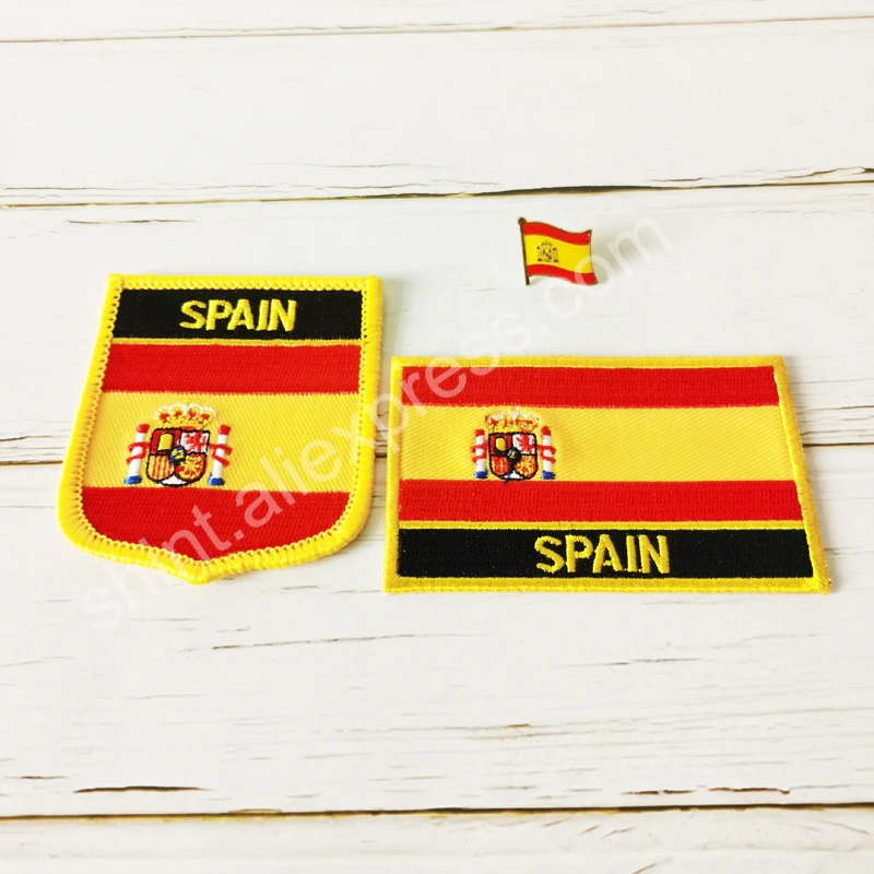 Spain National Flag Embroidery Patches Badge Shield And Square Shape Pin One Set On The Cloth Armband Backpack Decoration Gifts