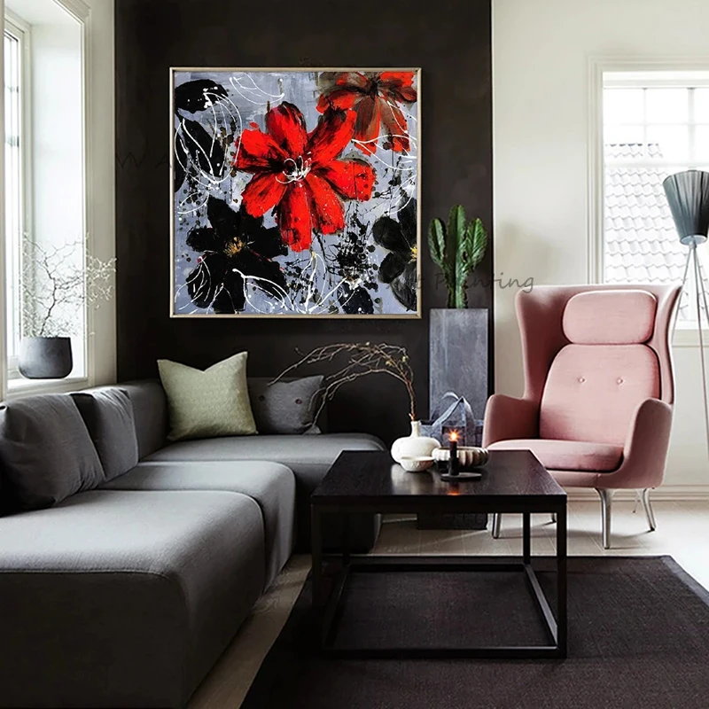 Abstract Canvas Painting Hand Painted Palette Knife Red Floral Oil Painting Splash Ink Modern Decor Unframed Flower Wall Art