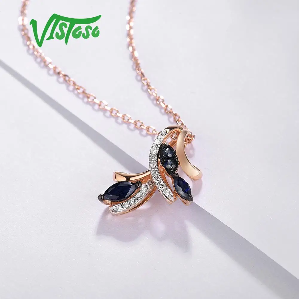 VISTOSO Gold Pendants For Women Authentic 14K 585 Rose Gold Sparkling Blue Sapphire Diamond Elegant Wedding Band Fine Jewelry