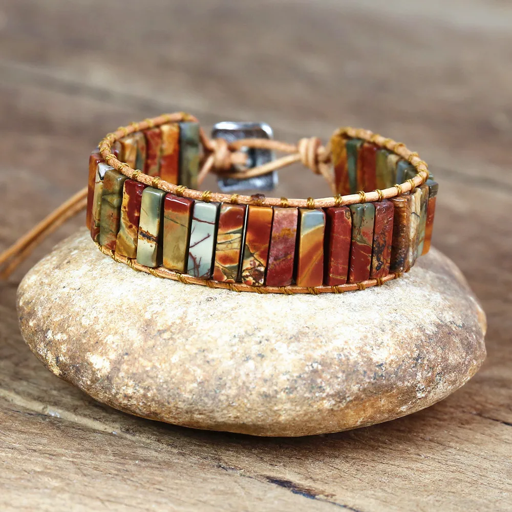 Women Men Tube Shape Picasso Stone Leather Boho Bracelet Natural Stones Charm Strands Wrap Bracelets Handmade Jewelry