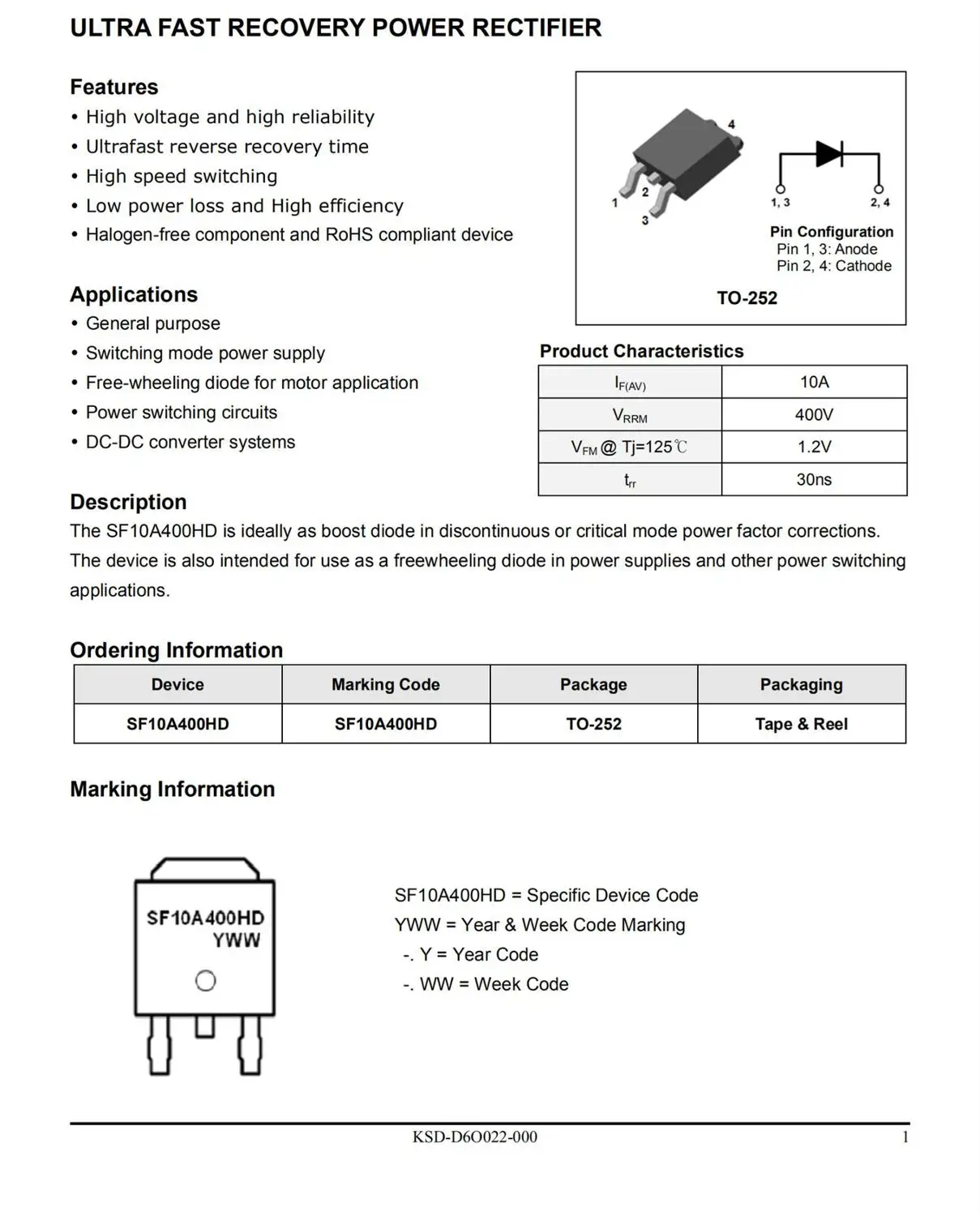 SF10A400HD TO-252 ULTRA FAST RECOVERY POWER RECTIFIER