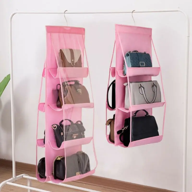 6/8 Pockets Multiple Purposes Hanging Handbag, Foldable Anti-Dust Solid Color Storage Organizer with Hook