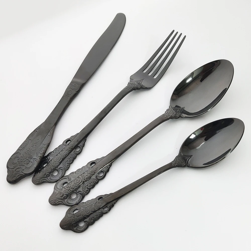 24Pcs/Set Black Dinnerware Set Rose Tableware Set 304 Stainless Steel Flatware Knife Fork Spoon Dinner Set Mirror Cutlery Set