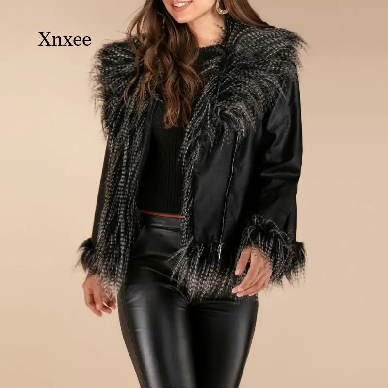 Women Winter Warm Faux Leather Patchwork Jackets with Fur Collar Lady Black Motorcycle Biker Outerwear Ladies Punk Coats Outwear