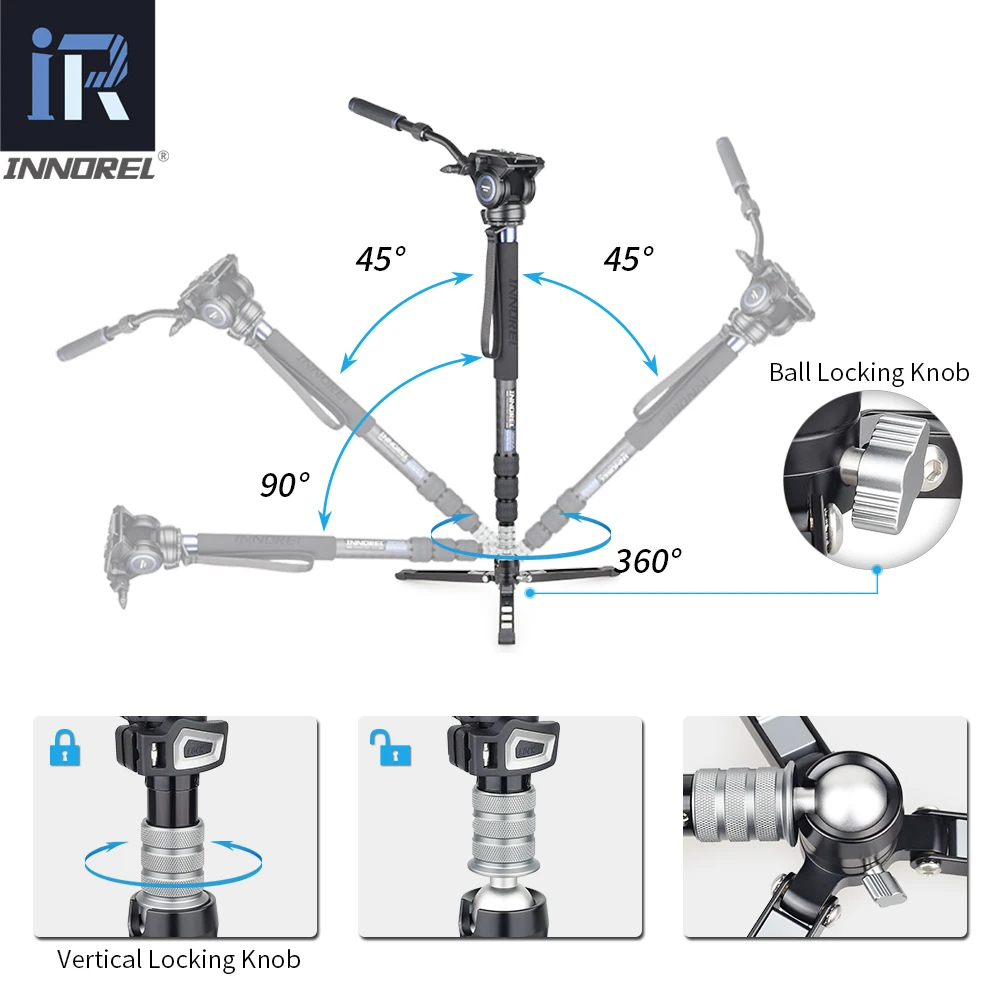 INNOREL VM75CK 10 Layers Carbon Fiber Monopod Kit With Professional Fluid Head Removable Tripod Base For DSLR Camera Telescopic