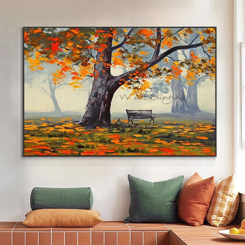 Vintage Golden Fall Park Tree Oil Painting 100% Hand Painted Canvas Rustic Nature Plant Wall Art Farmhouse Home Decoration
