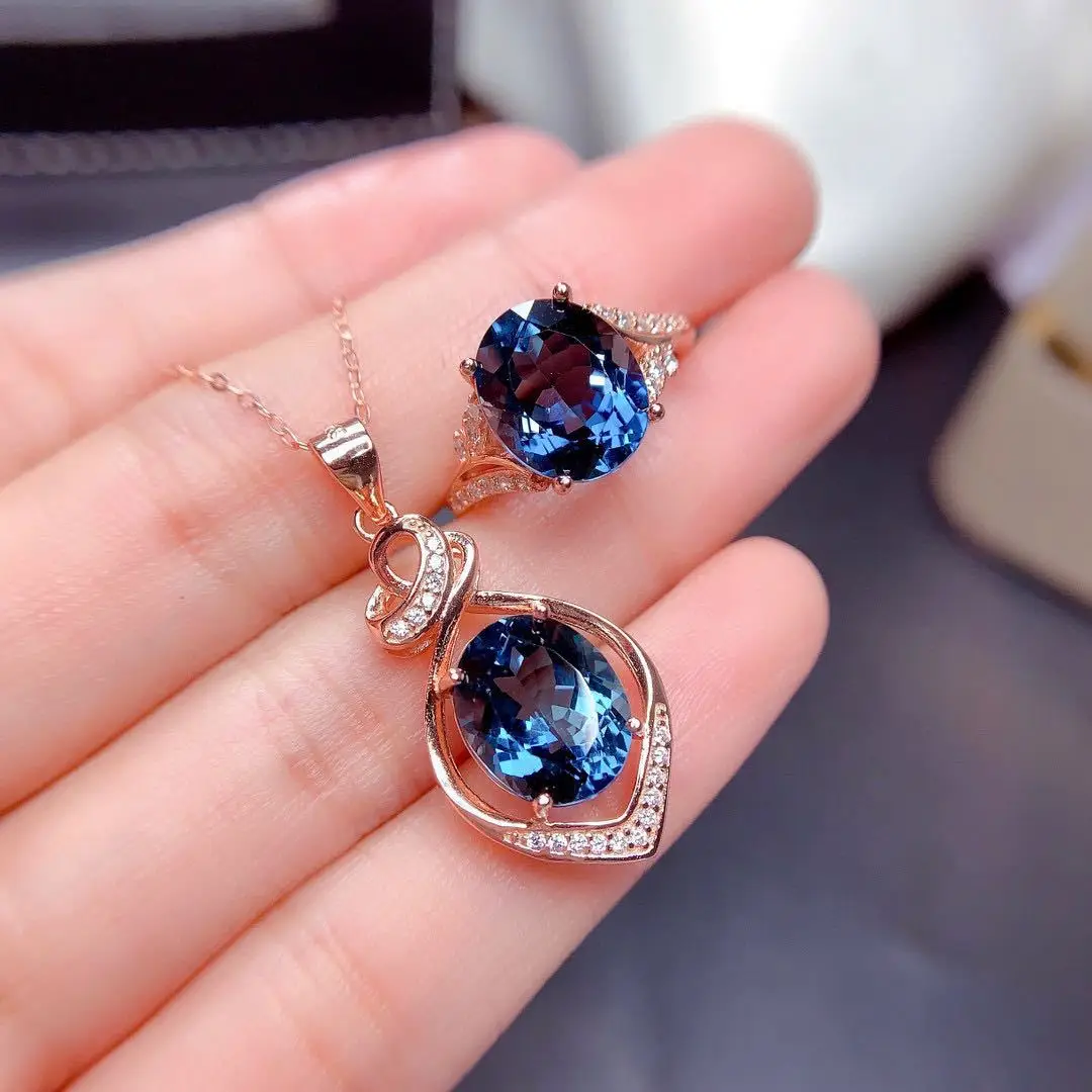 Luxury Exquisite London Blue Topaz Stone Jewelry Sets Rose Gold Color Rings Pendant Necklaces Fine Wedding Jewelry For Women