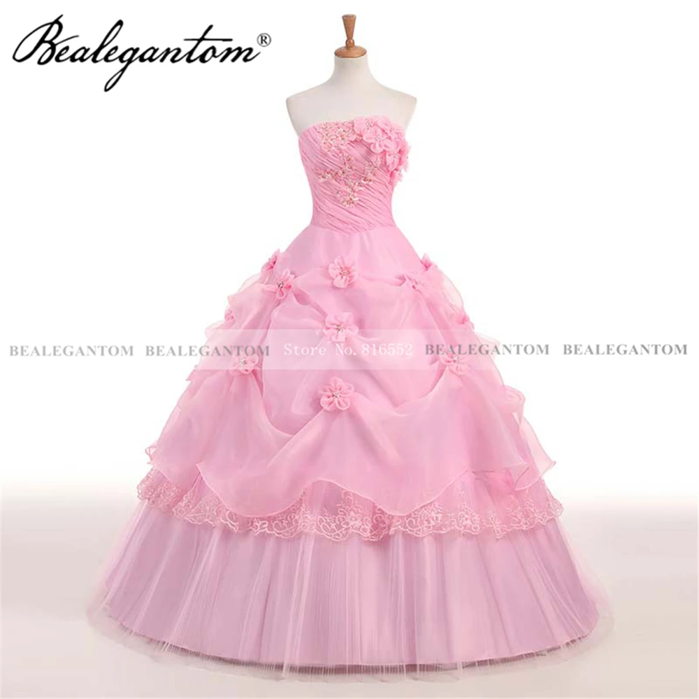 Bealegantom คุณภาพสูงสีชมพูสีขาว Quinceanera Ball Gown ดอกไม้ Lace Up Sweet 16ปาร์ตี้ชุดราตรี Vestido 15 Anos QD146