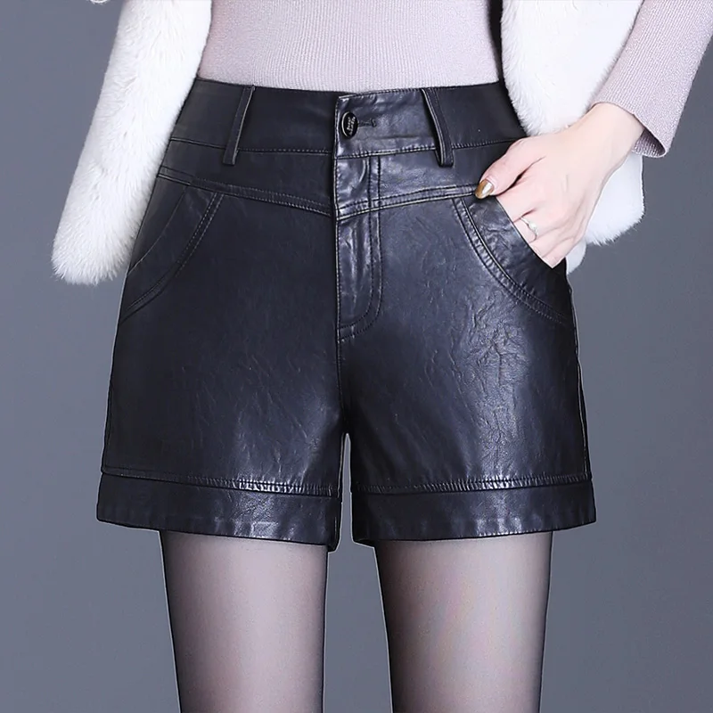 Women Autumn Pu Leather Shorts High Waist Ladies zipper Shorts Artificial Leather A-line Bottoms Wide-Legged Shorts girl winter