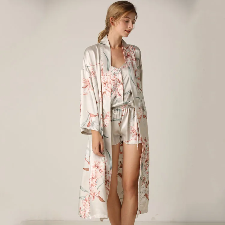 Print Flower Women Kimono Bathrobe Gown Intimate Lingerie Satin Nightwear Nighty&Robe Suit Sexy Sleepwear Silky Nightgown